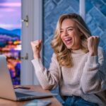 happy woman making money online