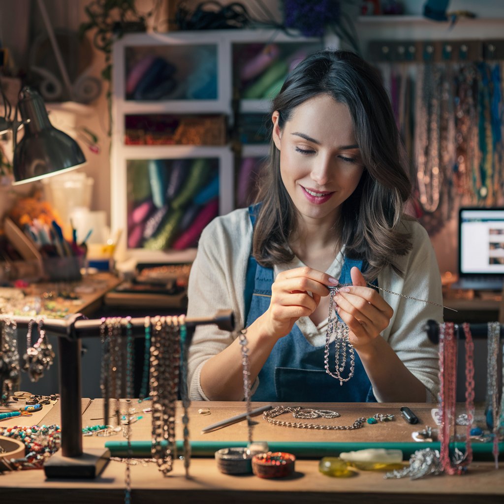 woman making jewelry at home to sell online