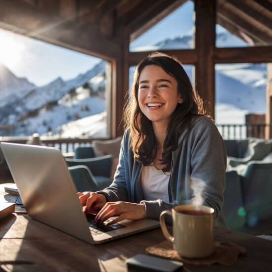 woman blogger working remotely in the mountains