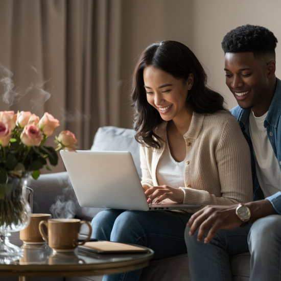 man and woman working on a blog