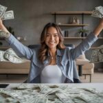 woman at desk with lots of money