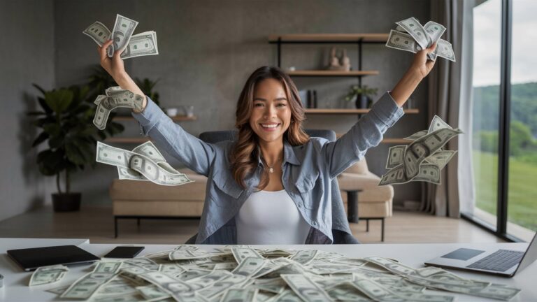 woman at desk with lots of money