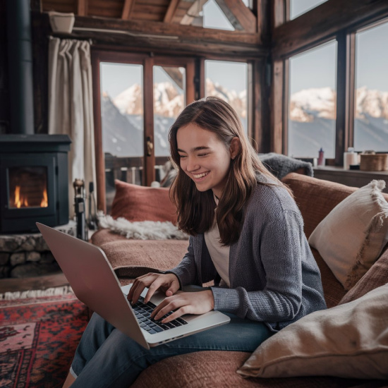 woman enjoying working on her blog remotely in the mountains